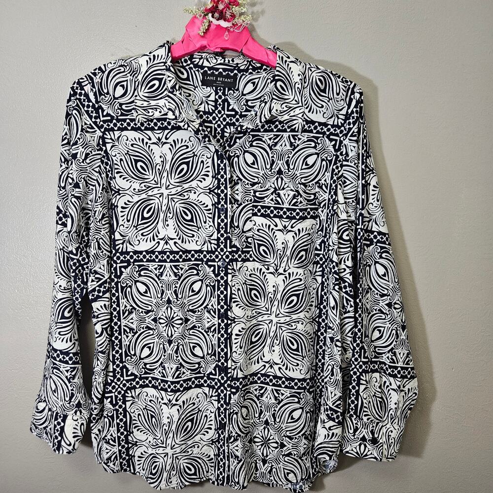 Lane Bryant 18/20 Womens Plus Black White Tile Print Button Up Blouse ResortWear